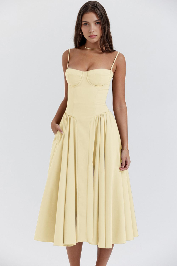 Bustier Kesim Drapeli Midi Elbise