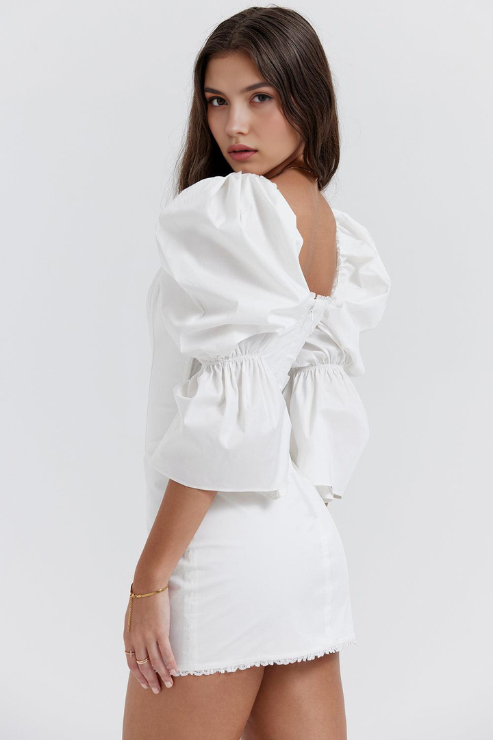 Bustier Kesim Fırfırlı Balon Kol Mini Elbise – Beyaz