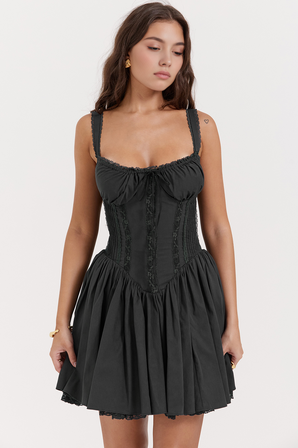 Bustier Dantel Detaylı Kloş Mini Elbise