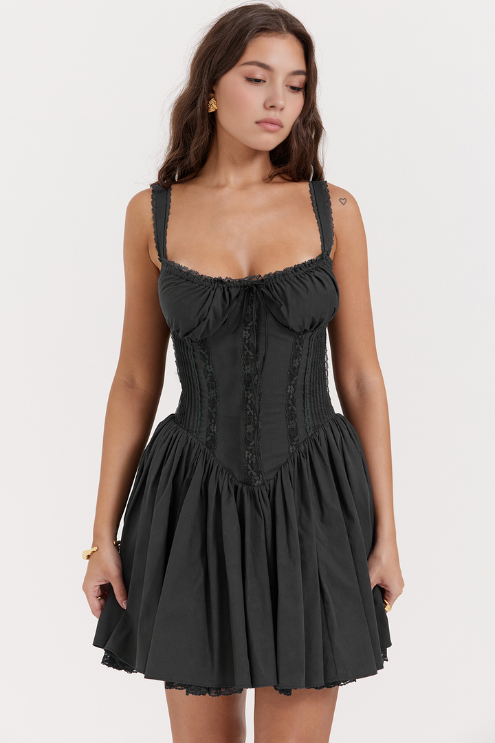 Bustier Dantel Detaylı Kloş Mini Elbise