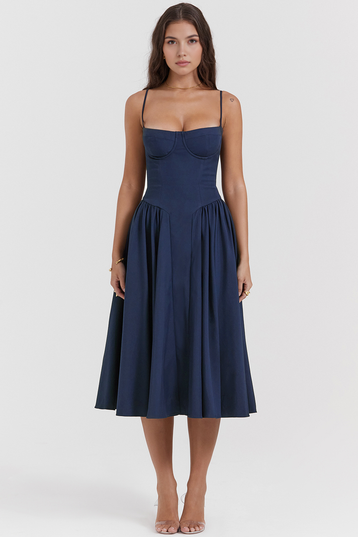 Bustier Kesim Drapeli Midi Elbise