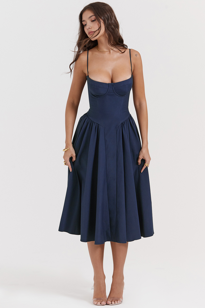 Bustier Kesim Drapeli Midi Elbise