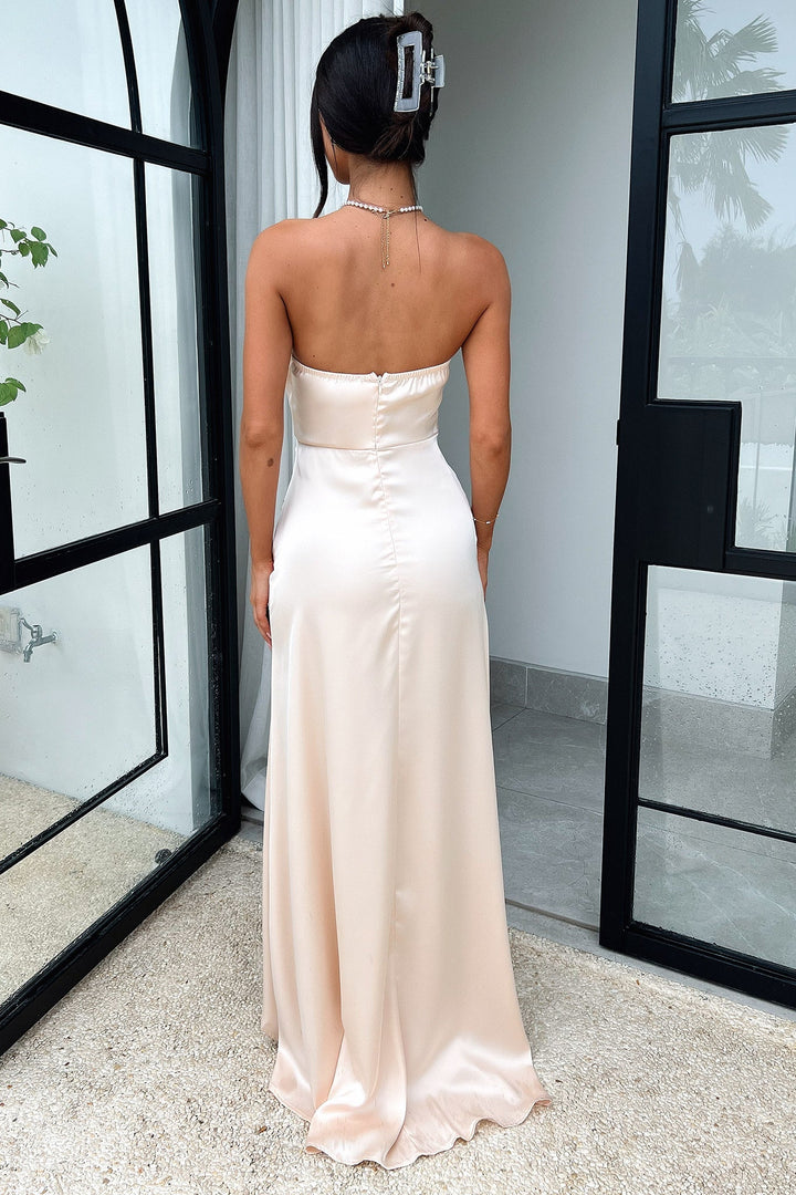 Straplez Drapeli Saten Maxi Elbise – Ekru