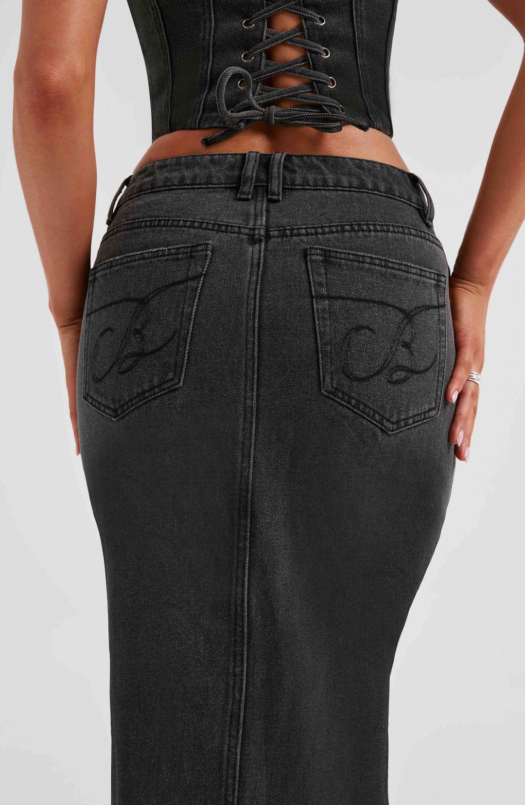Yırtmaç Detaylı Yüksek Bel Denim Uzun Etek  Set – Siyah