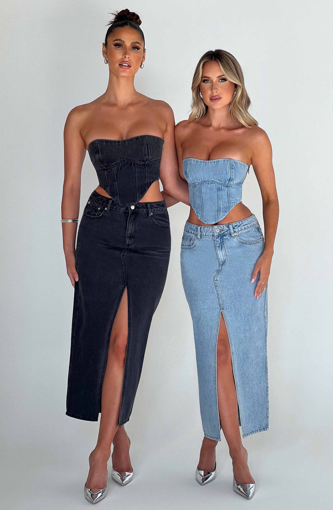 Yırtmaç Detaylı Yüksek Bel Denim Uzun Etek  Set – Siyah