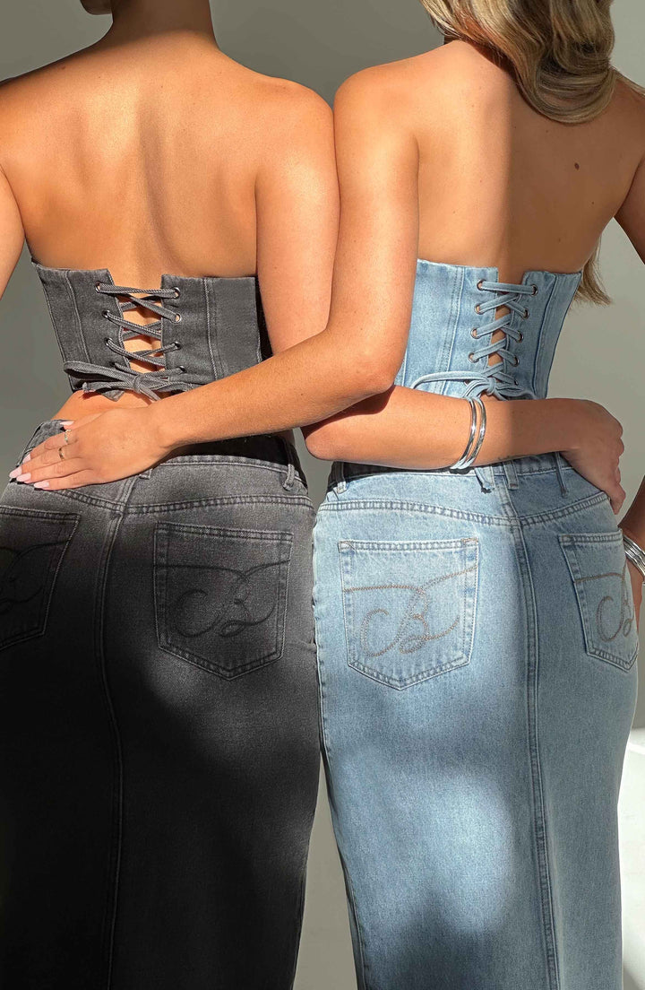 Yırtmaç Detaylı Yüksek Bel Denim Uzun Etek  Set – Siyah