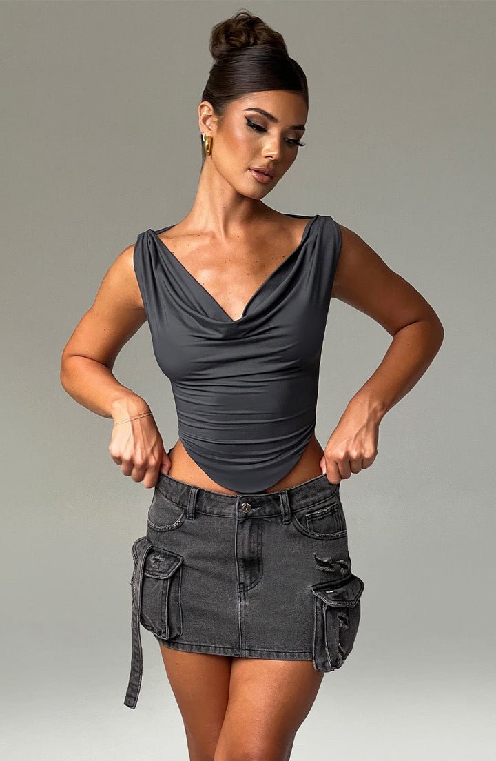 Drapeli V Yaka Esnek Crop Bluz – Antrasit