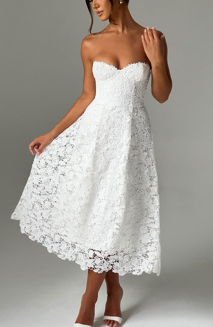 Straplez Dantel Midi Elbise – Beyaz
