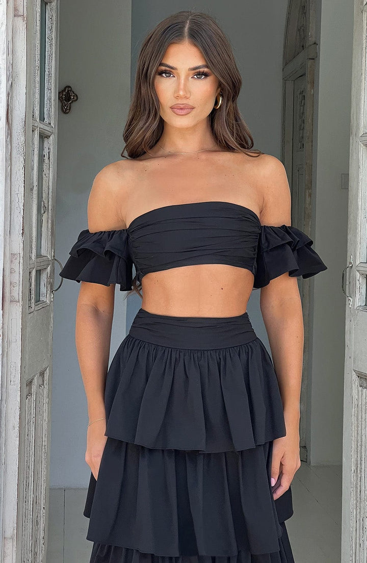 Büzgülü Volanlı Crop Bluz – Siyah