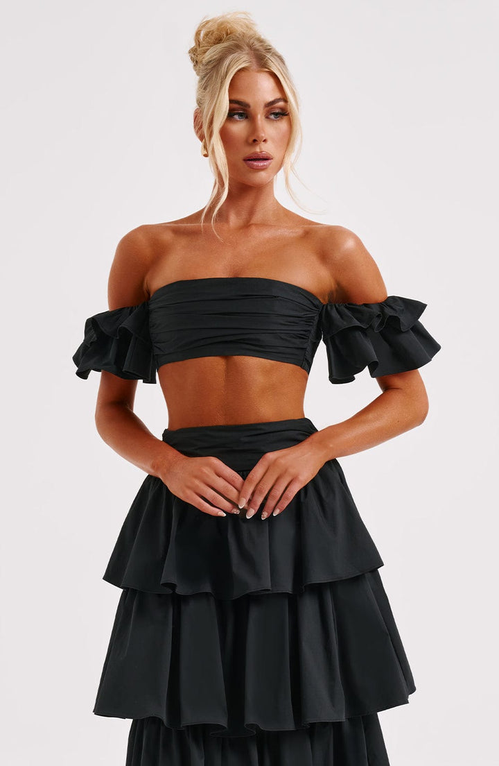 Büzgülü Volanlı Crop Bluz – Siyah