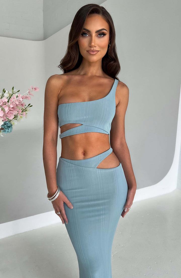 Yüksek Bel Cut-Out Detaylı Fitilli Etek Set– Bebe Mavisi