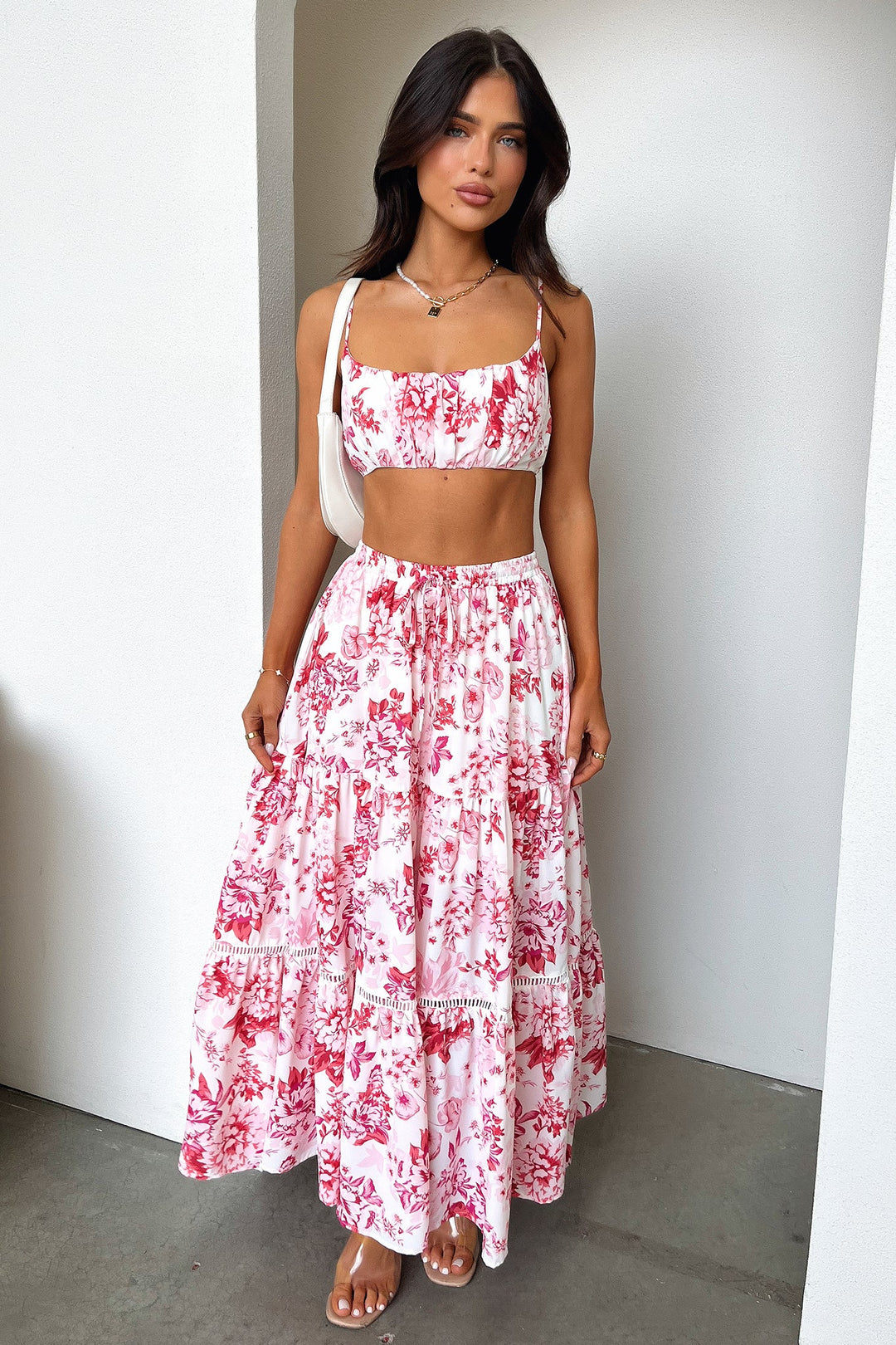 Kei Crop - Pembe / Kırmızı Çiçekli