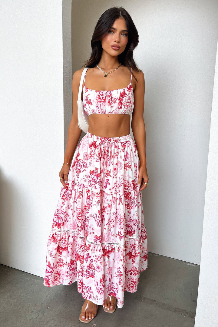 Kei Crop - Pembe / Kırmızı Çiçekli