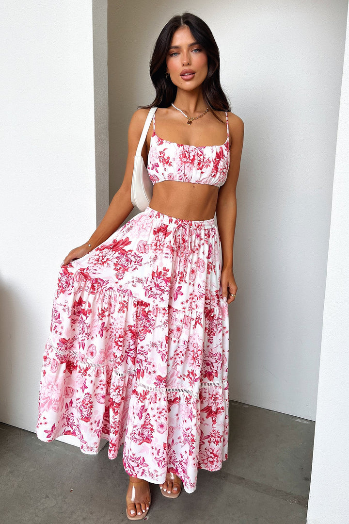 Kei Crop - Pembe / Kırmızı Çiçekli