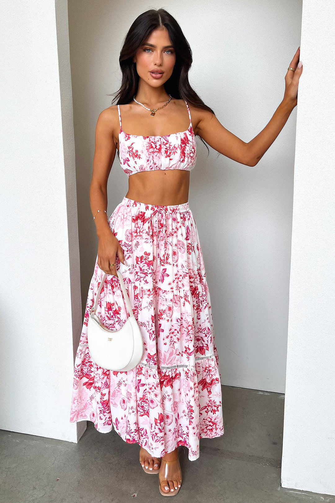 Kei Crop - Pembe / Kırmızı Çiçekli