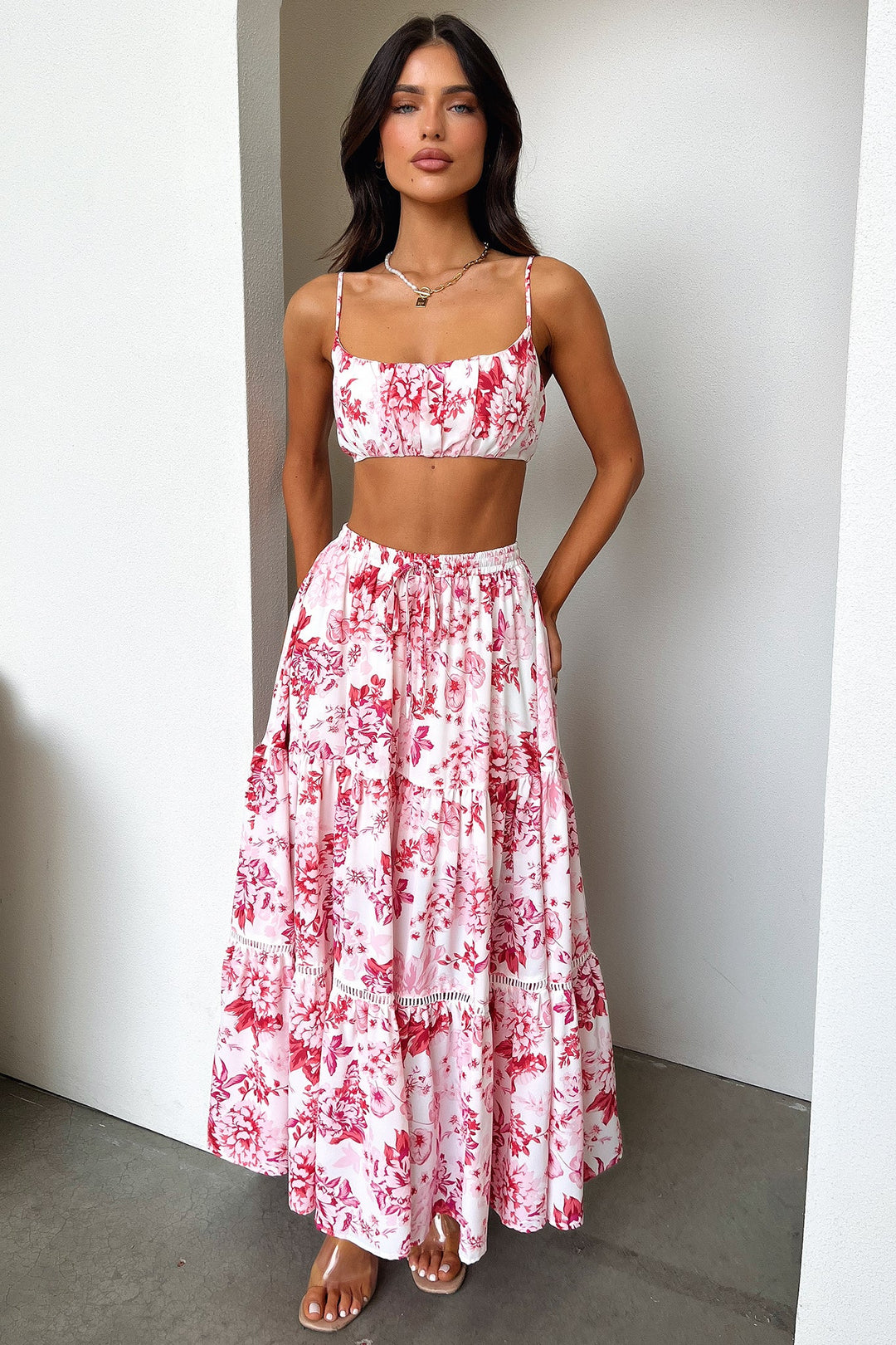 Kei Crop - Pembe / Kırmızı Çiçekli
