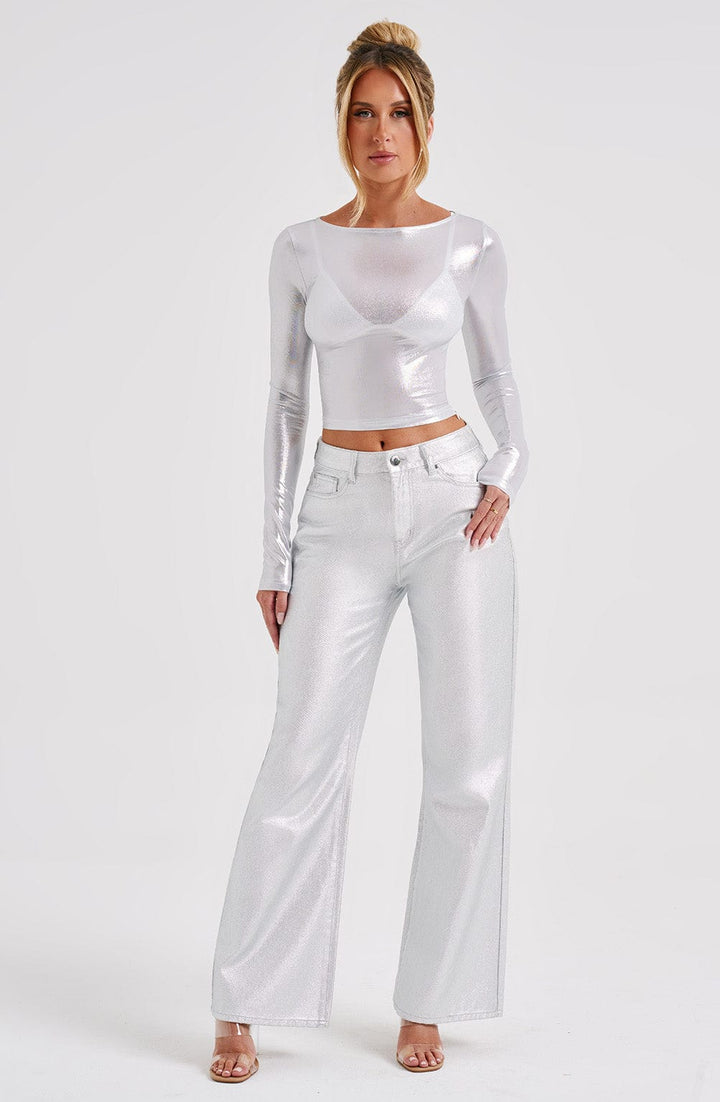Işıltılı Parlak Dökümlü Uzun Kollu Crop Bluz – Gümüş