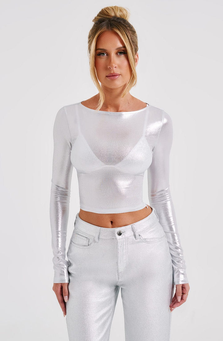 Işıltılı Parlak Dökümlü Uzun Kollu Crop Bluz – Gümüş