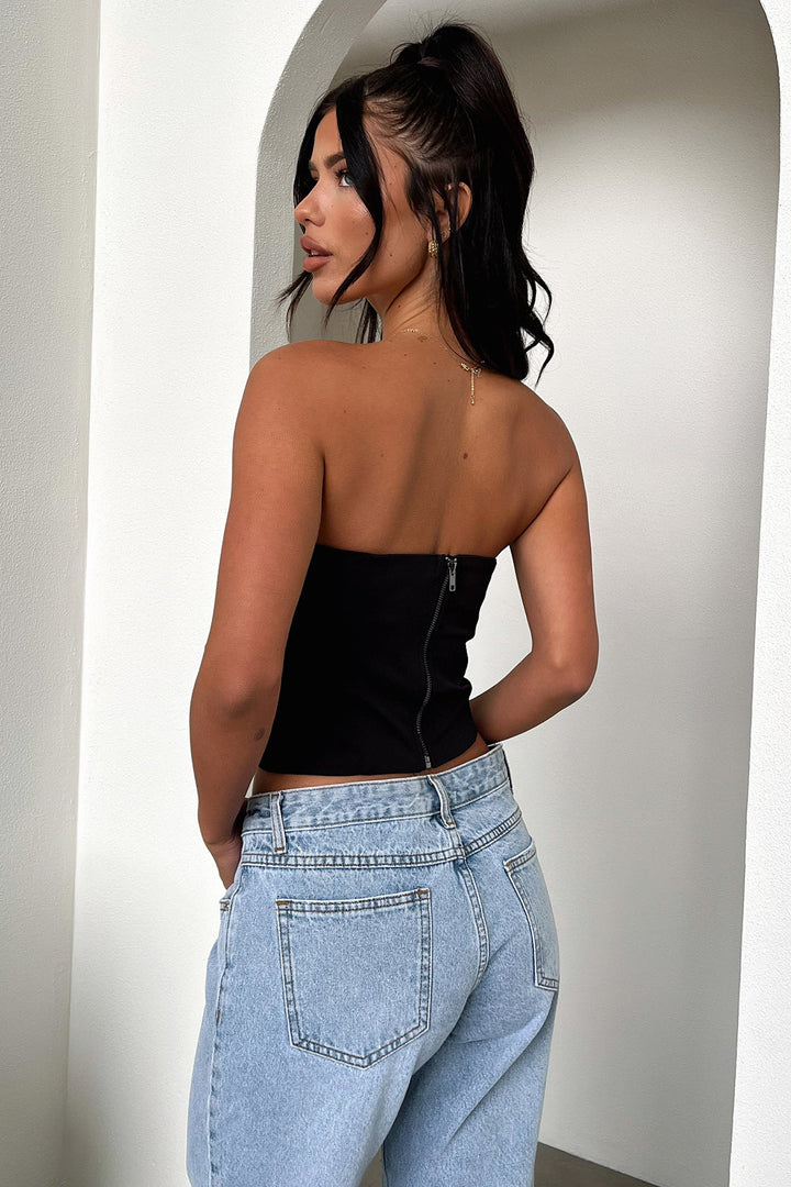 Straplez Düz Kesim Basic Bluz – Siyah