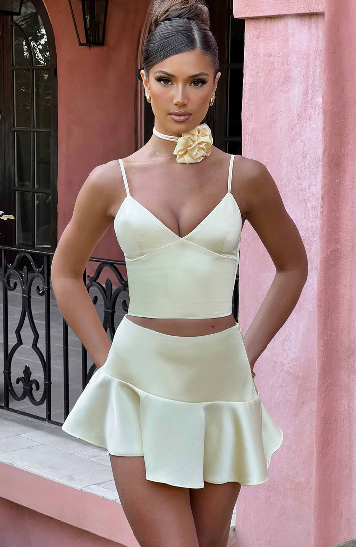 Volanlı Kısa Mini Etek Set  – Krem