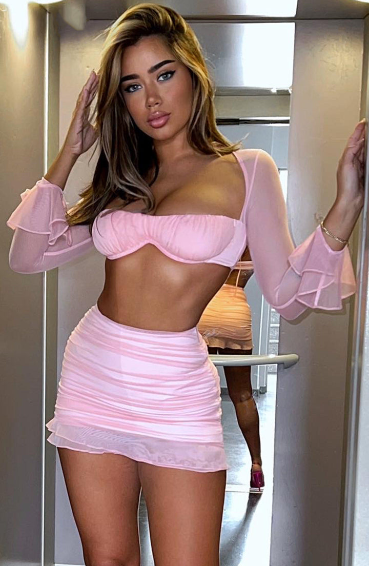 Drapeli Tül Detaylı Uzun Kollu Crop Top – Pudra