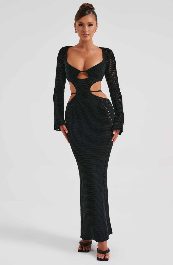 Ajurlu Cut-Out Detaylı Uzun Elbise – Siyah