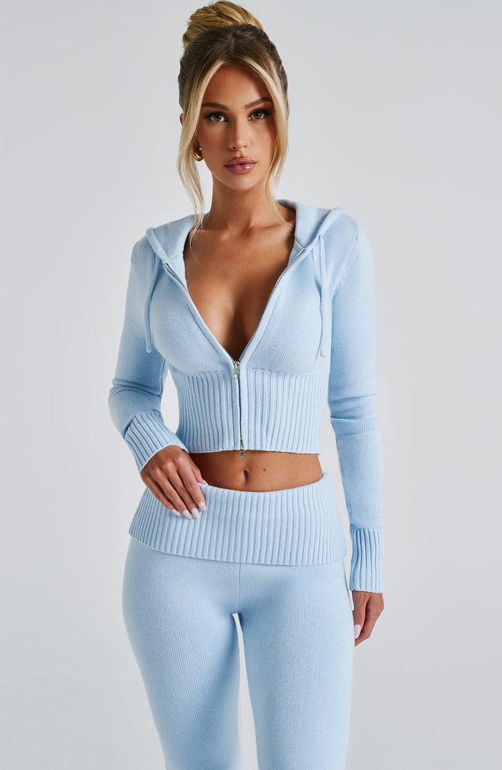 Kapüşonlu Fermuarlı Fit Triko Üst – Bebe Mavisi