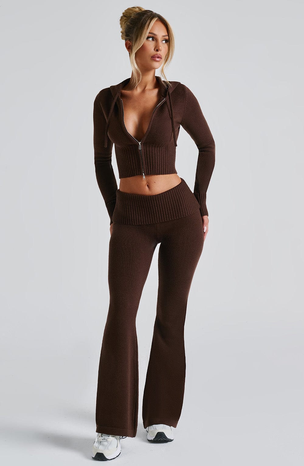 Fermuarlı Triko Kapüşonlu Crop Top – Kahverengi