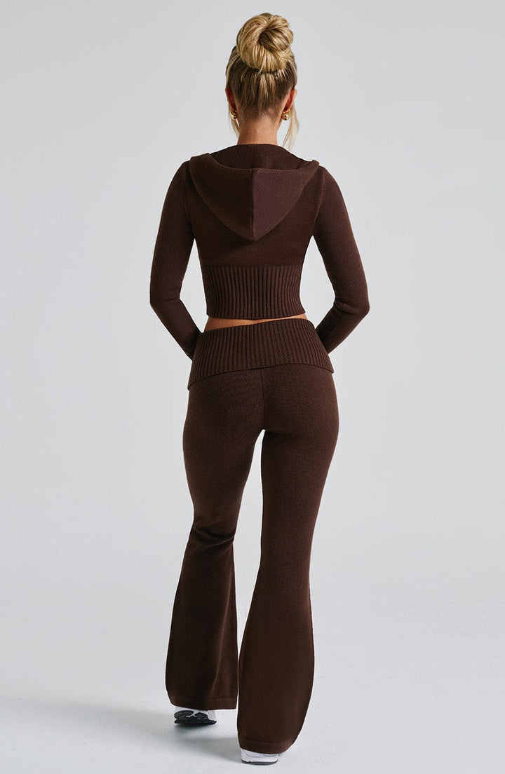 Fermuarlı Triko Kapüşonlu Crop Top – Kahverengi