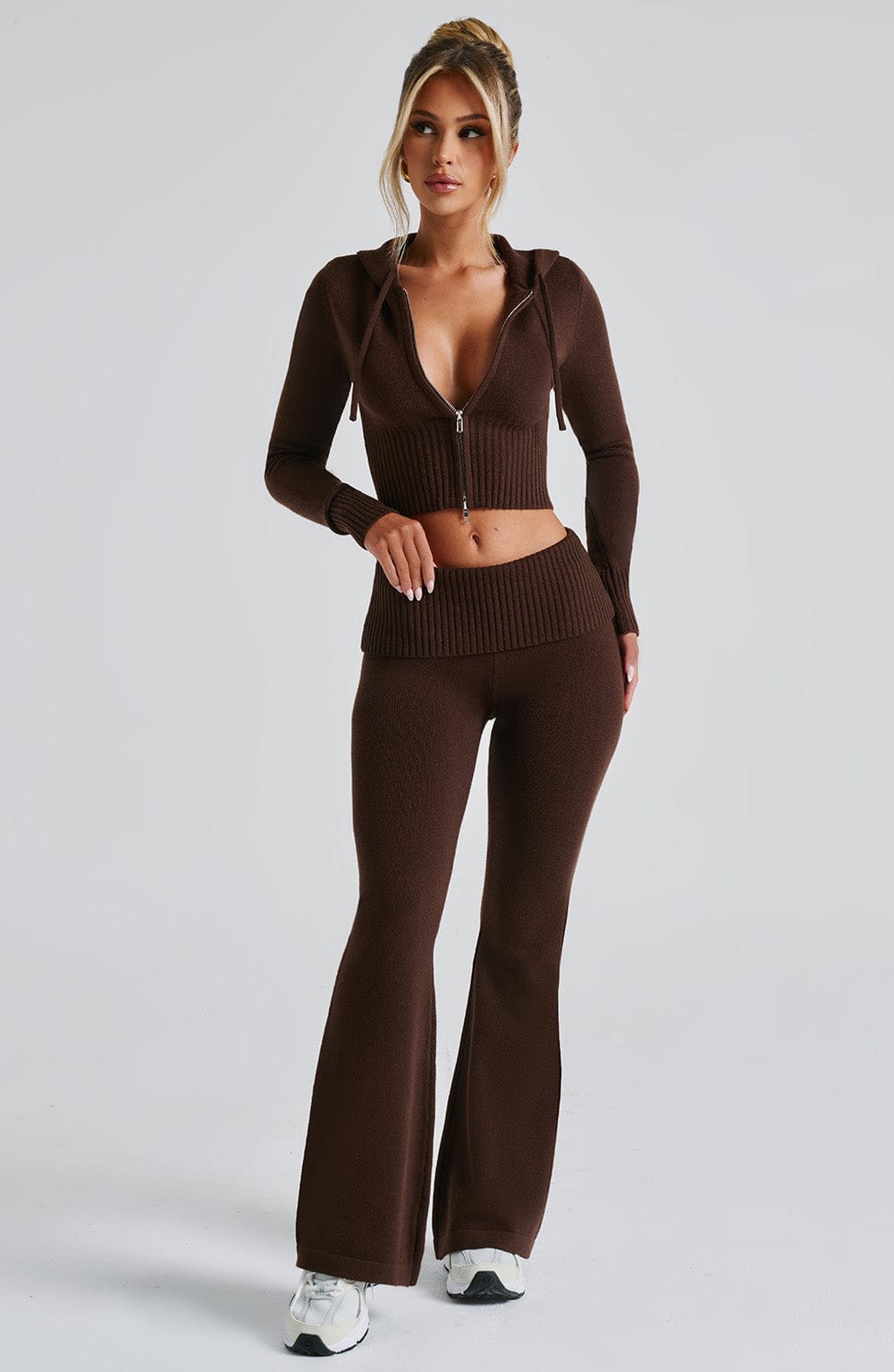 Fermuarlı Triko Kapüşonlu Crop Top – Kahverengi