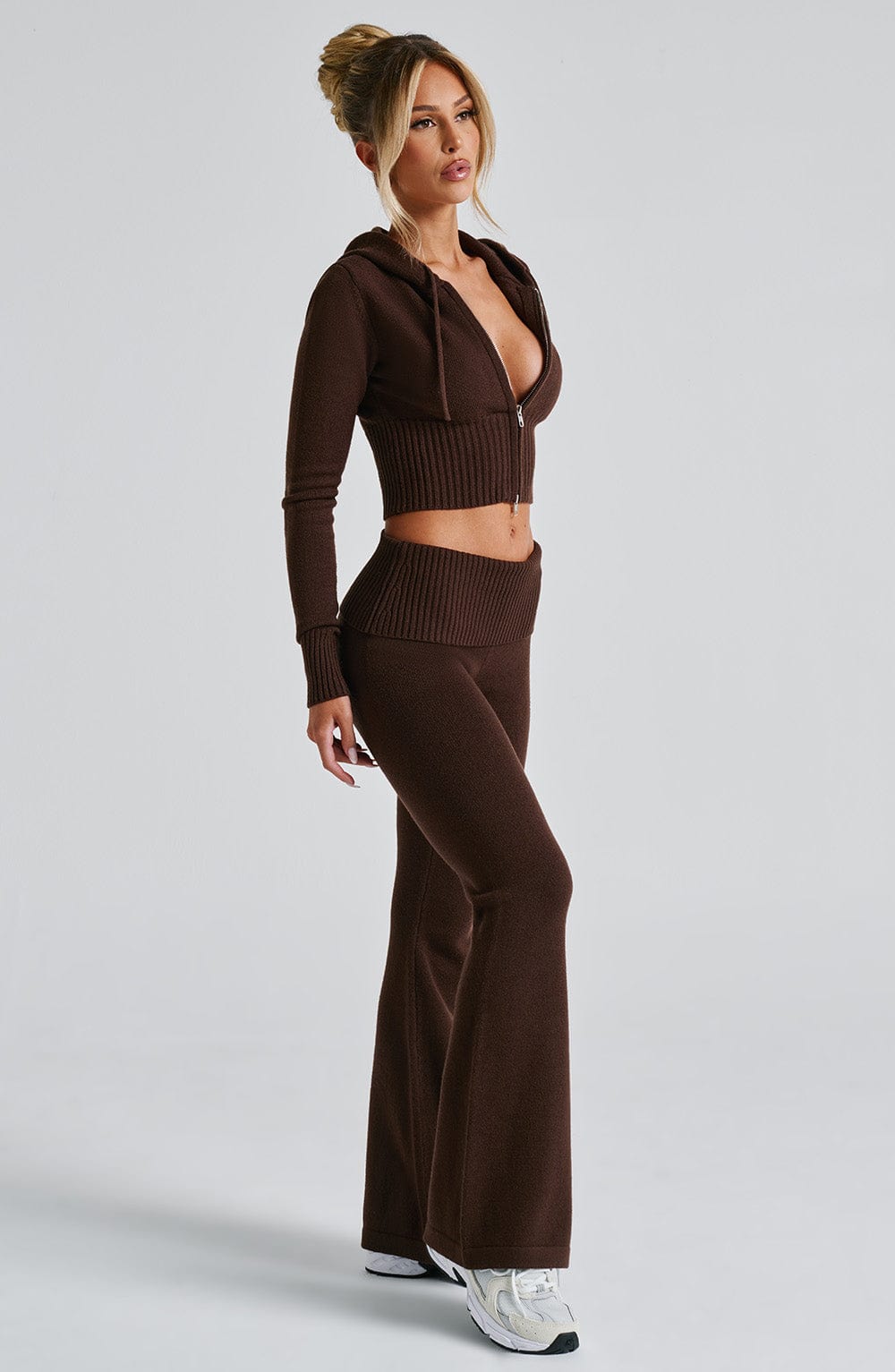 Fermuarlı Triko Kapüşonlu Crop Top – Kahverengi