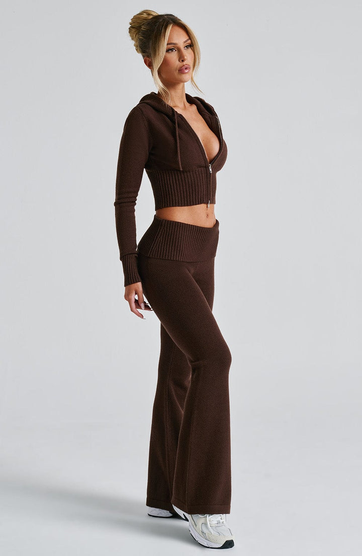 Fermuarlı Triko Kapüşonlu Crop Top – Kahverengi