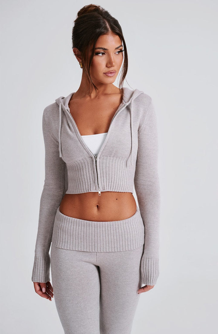 Kısa Kapüşonlu Ribanalı Fermuarlı Crop Sweatshirt – Bej