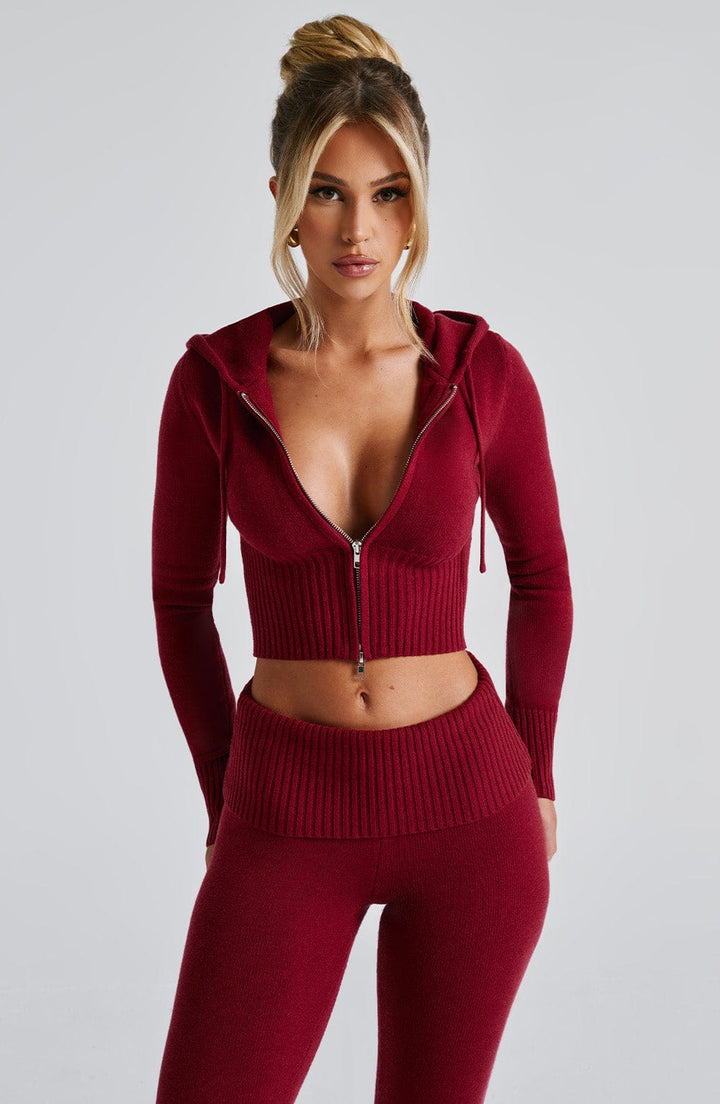 Kapüşonlu Fitilli Uzun Kollu Fermuarlı Crop Üst – Bordo