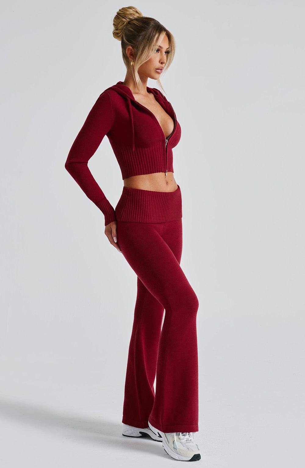 Kapüşonlu Fitilli Uzun Kollu Fermuarlı Crop Üst – Bordo