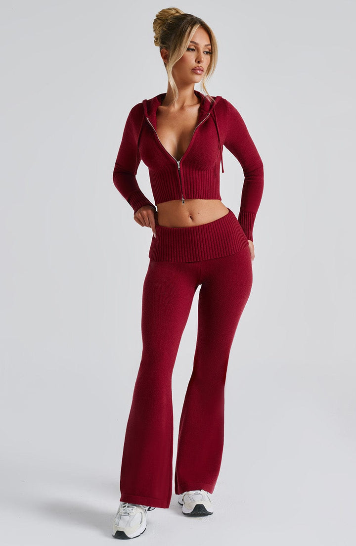 Kapüşonlu Fitilli Uzun Kollu Fermuarlı Crop Üst – Bordo
