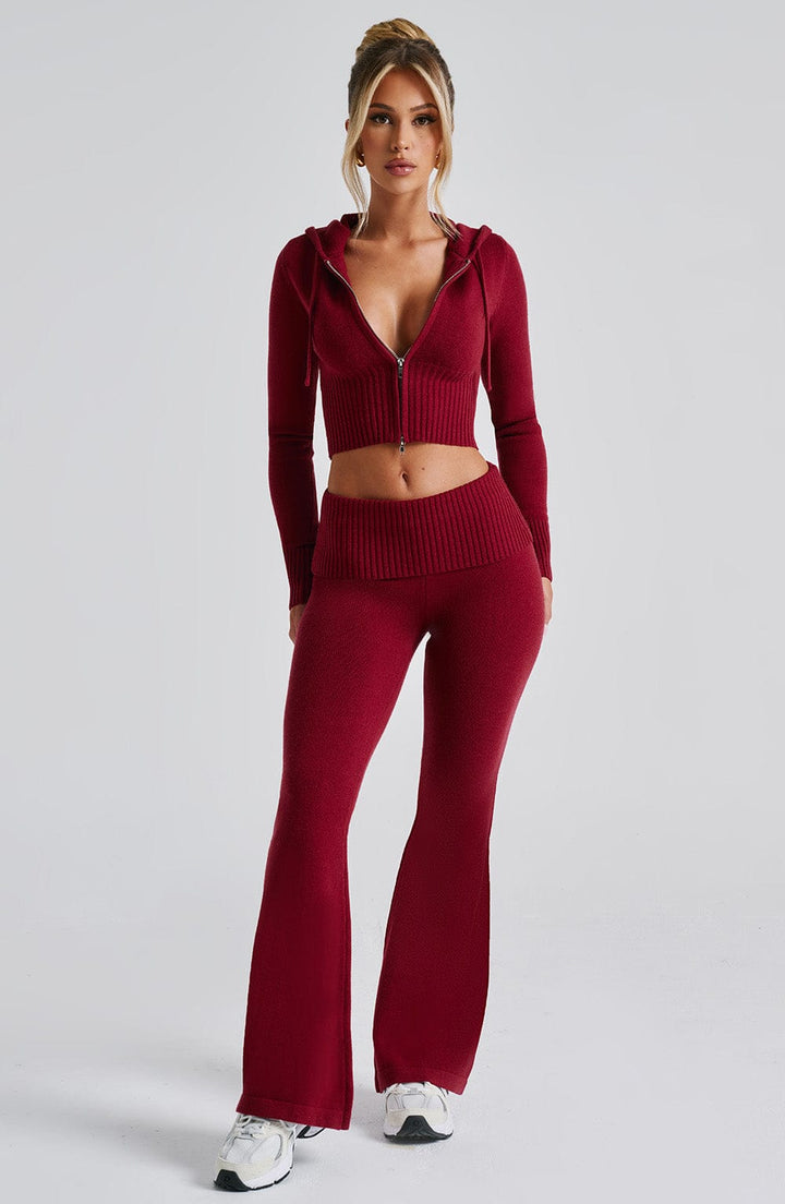Kapüşonlu Fitilli Uzun Kollu Fermuarlı Crop Üst – Bordo