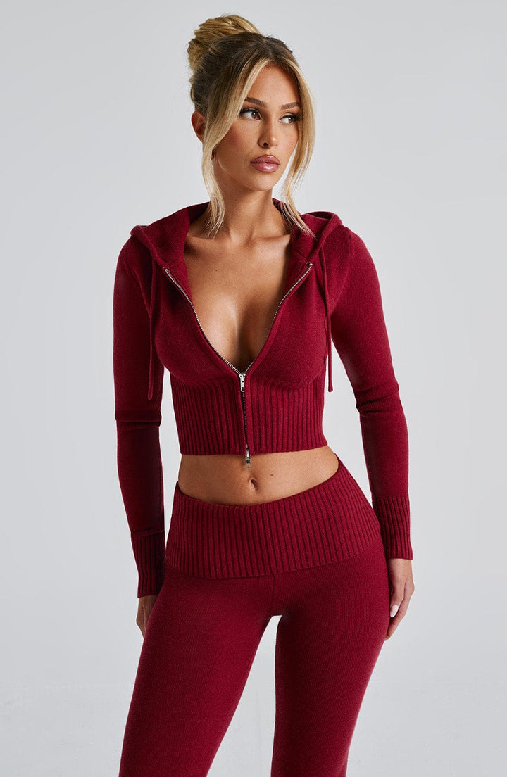 Kapüşonlu Fitilli Uzun Kollu Fermuarlı Crop Üst – Bordo