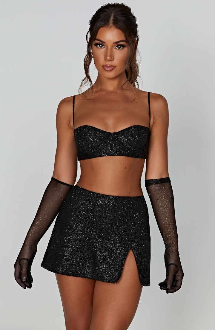 Sütyen Kesim Simli Mini Crop Top – Siyah
