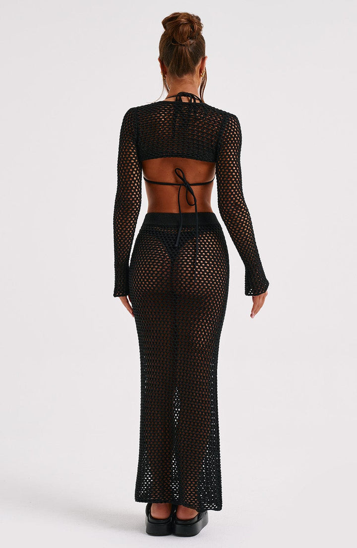 Örgü Detaylı Sırt Bağlamalı Bolero – Siyah