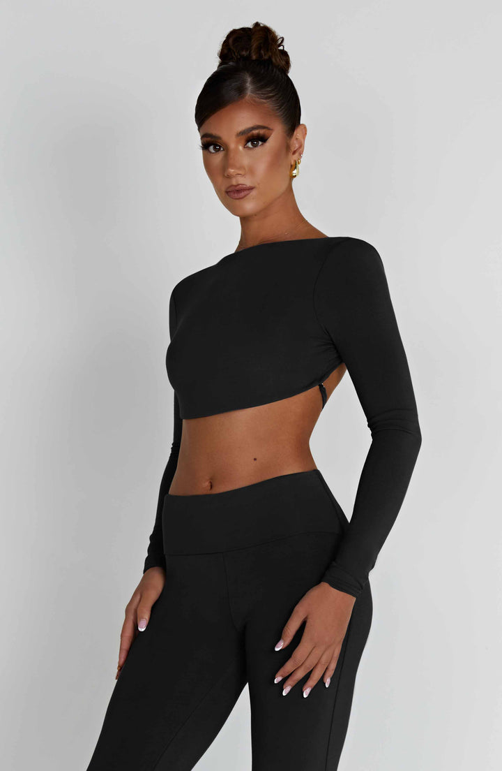 Sırt Bağcıklı Crop Uzun Kol Top – Siyah