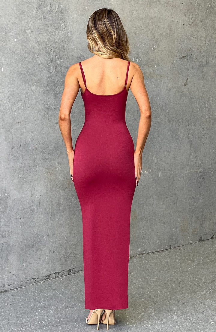 Sırt Detaylı İnce Askılı Fit Kesim Elbise – Bordo