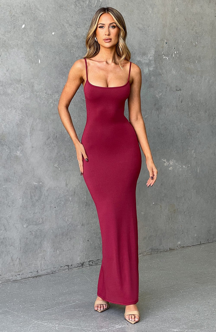 Sırt Detaylı İnce Askılı Fit Kesim Elbise – Bordo