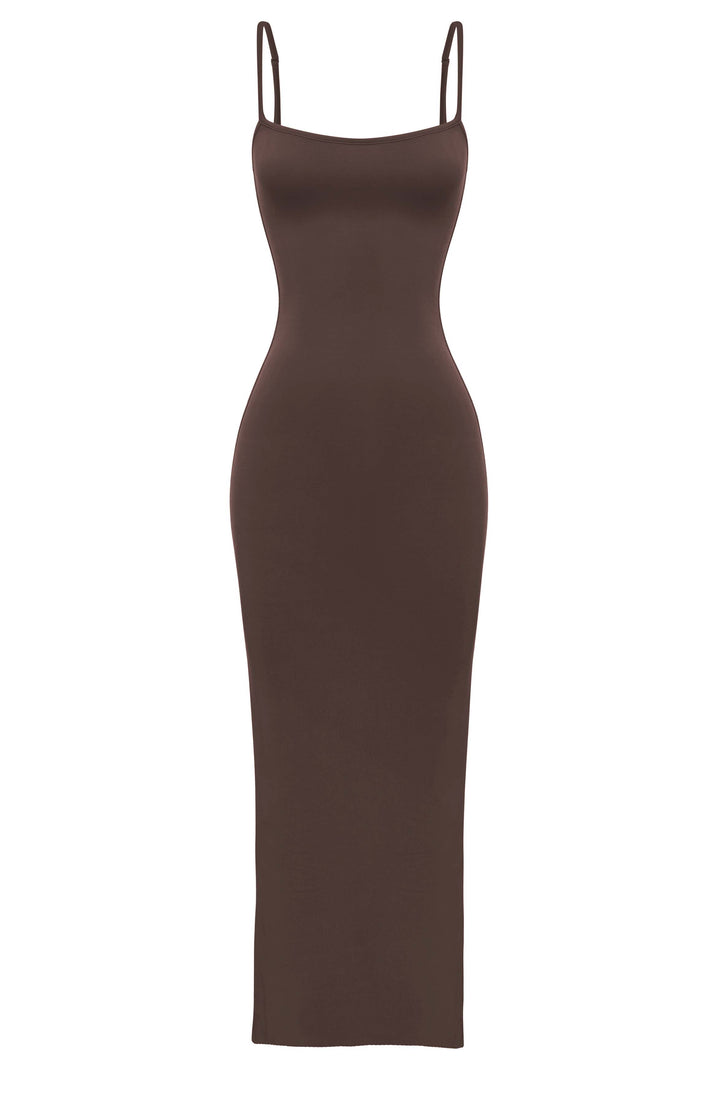 Askılı İnce Fit Kesim Maxi Elbise – Kahve