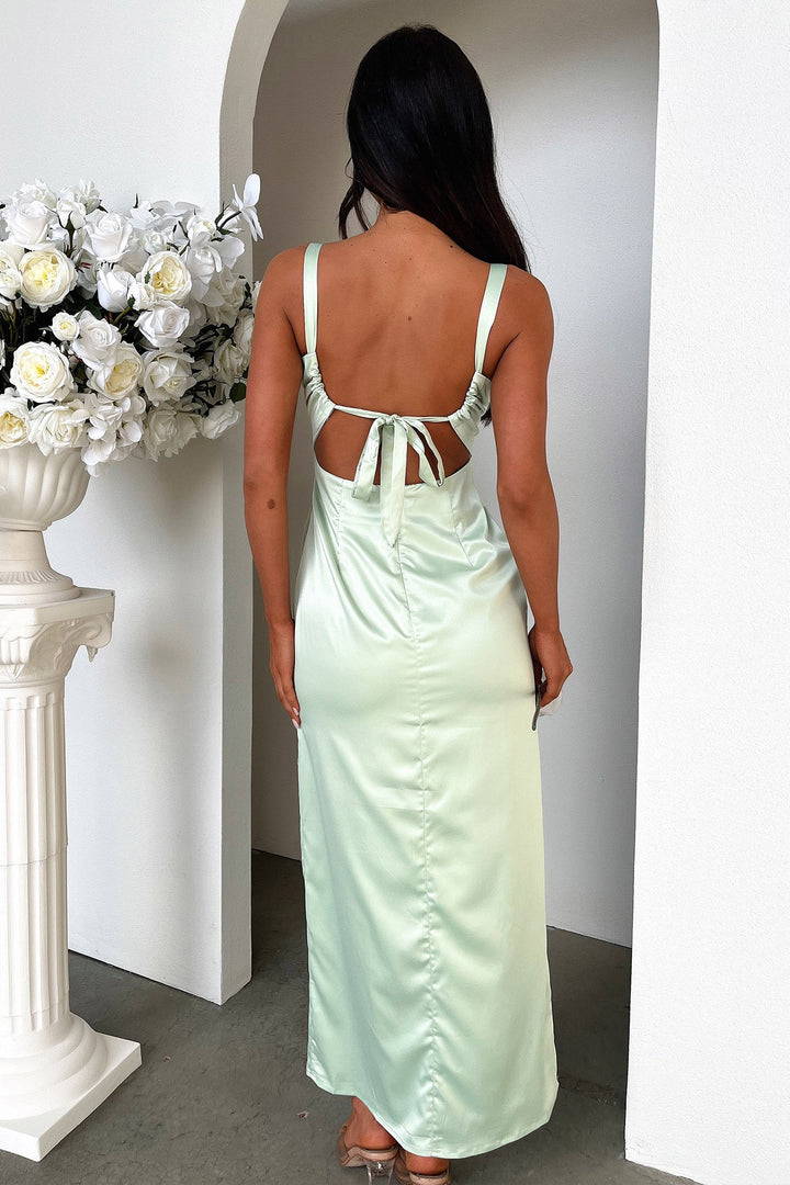 Saten Dantel Detaylı Yırtmaçlı Maxi Elbise – Mint