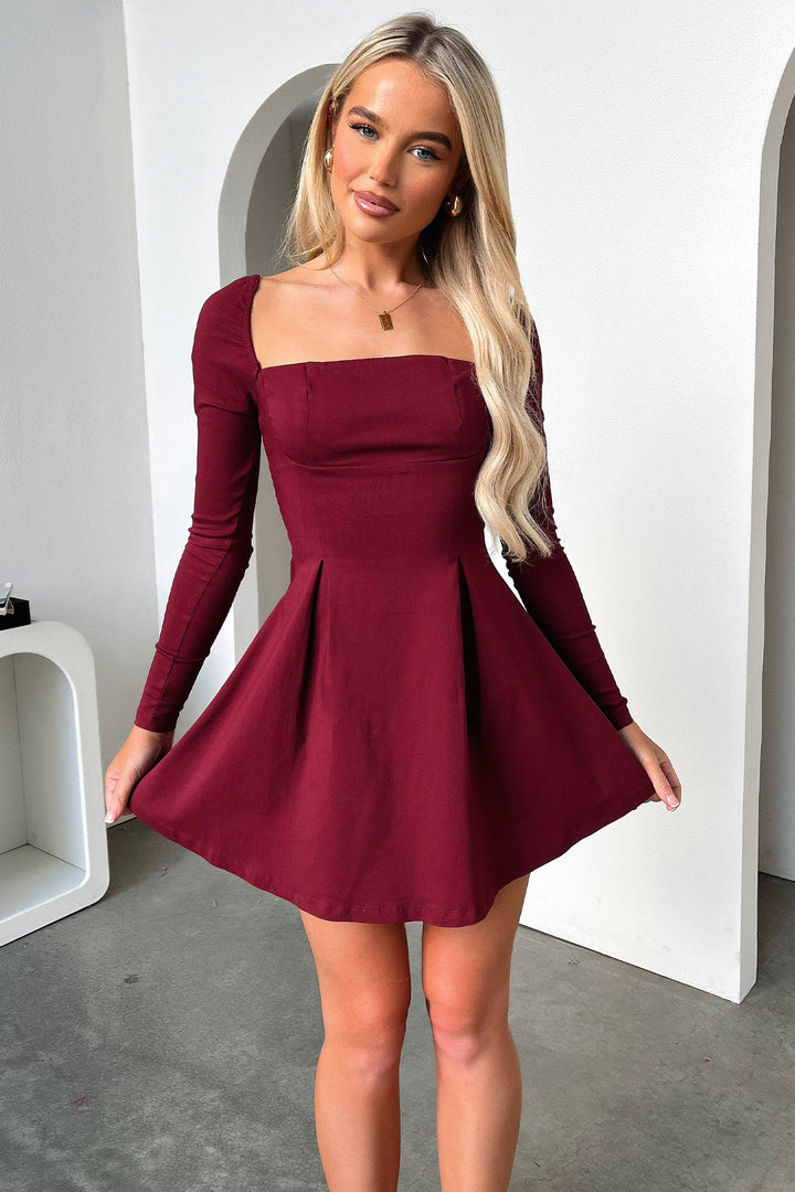 Uzun Kollu Kuşaklı Mini Elbise – Bordo