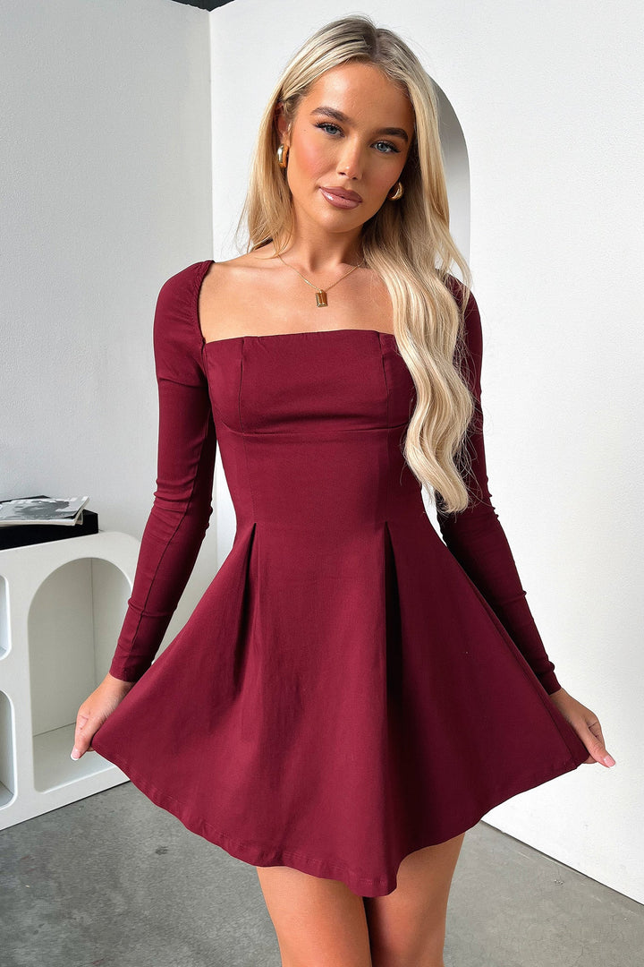 Uzun Kollu Kuşaklı Mini Elbise – Bordo