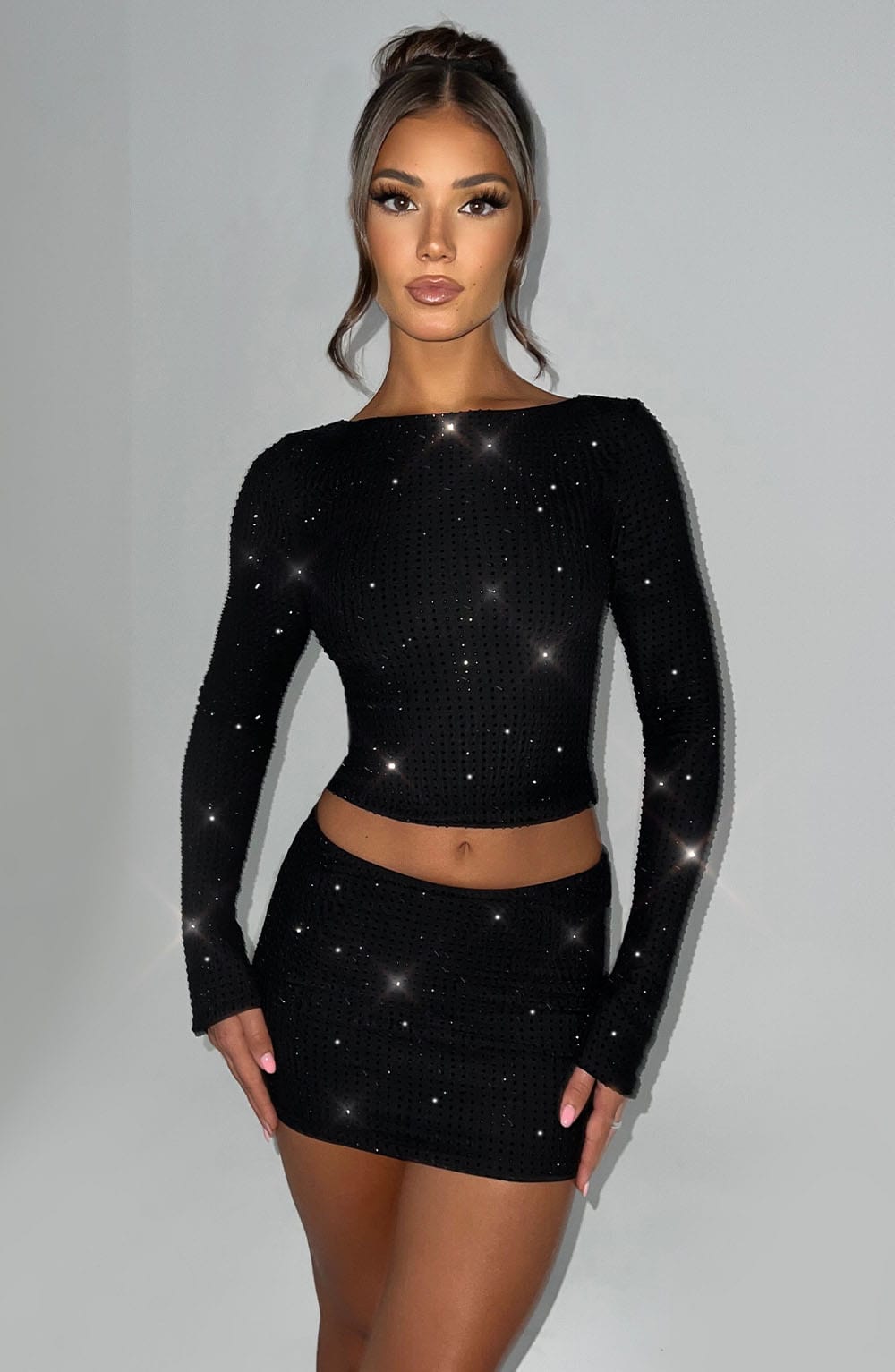 Uzun Kollu Skinny Crop Top – Siyah