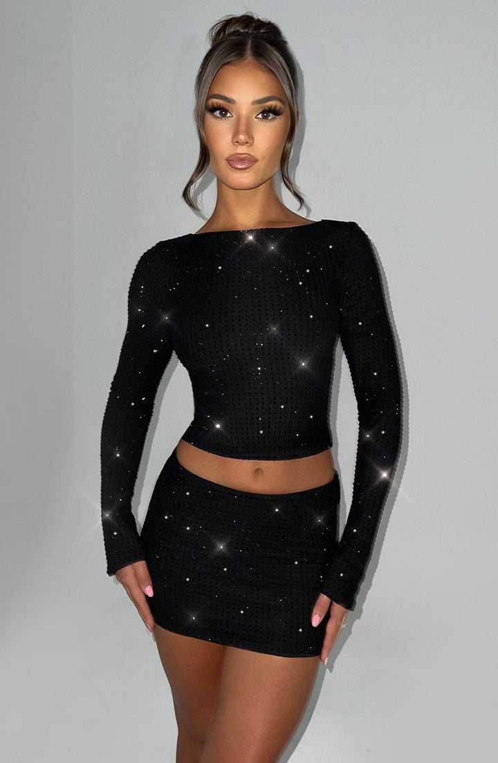 Uzun Kollu Skinny Crop Top – Siyah