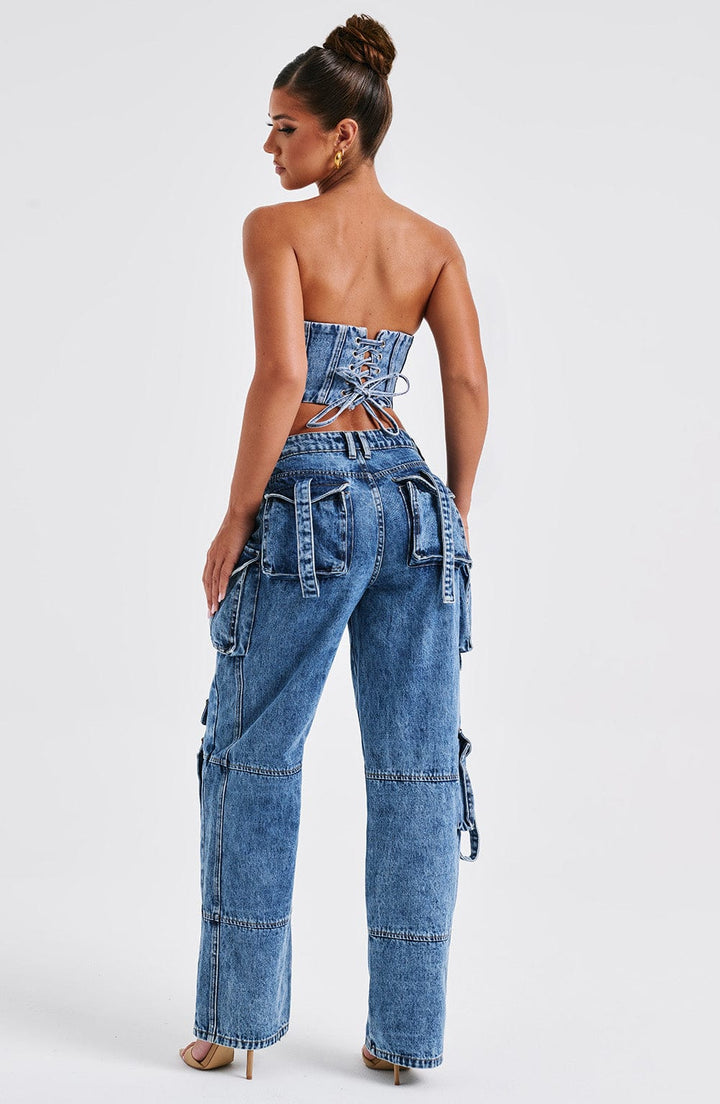 Korsaj Kesim Denim Büstiyer – Mavi